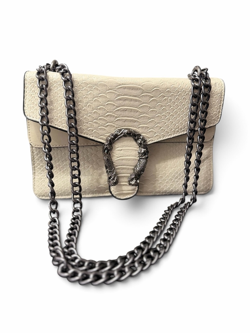 Ivory Faux Leather Croc Embossed Shoulder Bag with Gunmetal Chain Strap
